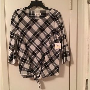 Rafaella Black & White Plaid Bell Sleeved Top